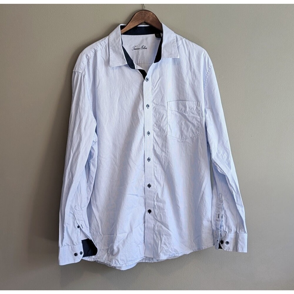 Tasso Elba Mens 18 18.5 2XL XXL Blue Striped Dress Shirt Long Sleeve Button Up